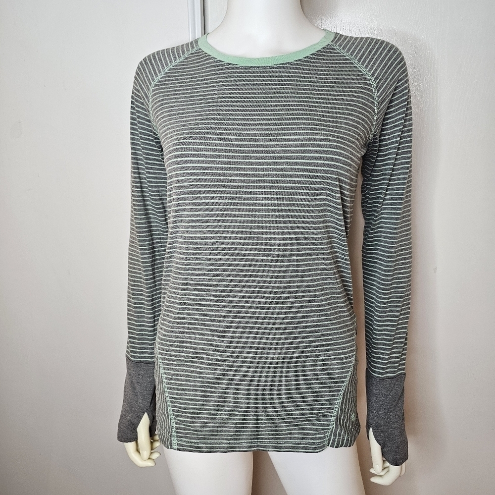 RBX Performance Grey w/ Teal Stripe Long Sleeve Thumbhol Top Small Activewear - Picture 1 of 7